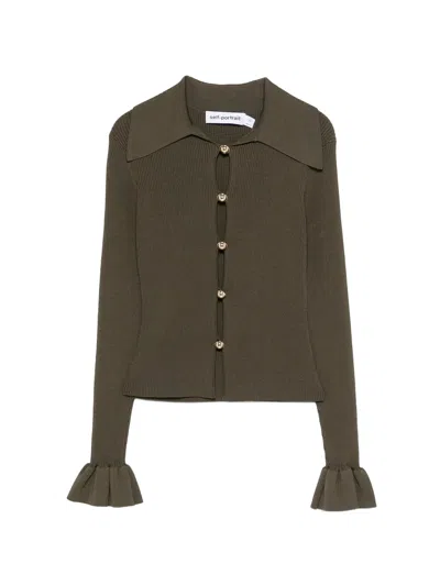 Self-portrait Oversized Collar Keyhole Button-front Shirt In Verde