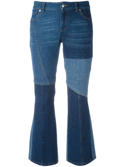 Alexander Mcqueen Patchwork Cropped Mid-rise Flared Jeans In Denim