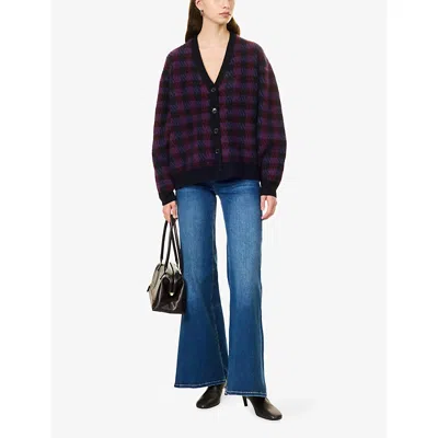 Frame Womens Chestnut Plaid Houndstooth-check Wool-blend Cardigan In Purple