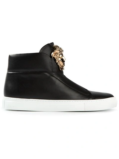 Versace Medusa Head Laceless Leather Sneakers In Black & Gold | ModeSens