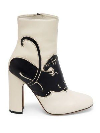 Shop Valentino Panther Leather Block Heel Booties In Ivory