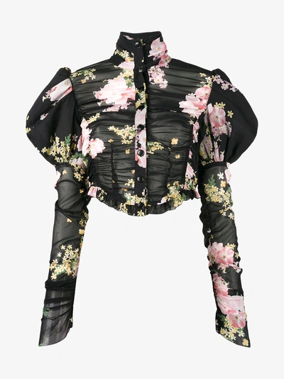 Alessandra Rich Floral-printed Silk Top In Black