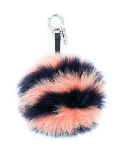 Fendi Striped Fur Pompom Bag Charm In Midnight-blue And Coral-pink