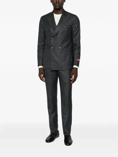 Isaia Pinstriped Double-breasted Suit In Gray