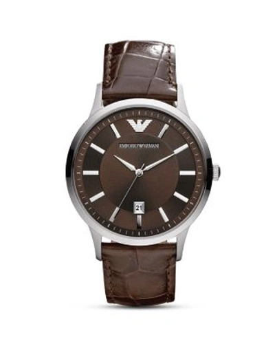 Emporio Armani Round Silver & Brown Watch With Crocodile Embossed Strap, 43mm In Silver/brown