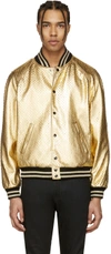 SAINT LAURENT Gold Perforated Leather Bomber Jacket