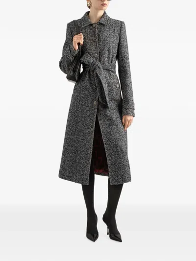 Dolce & Gabbana Herringbone-pattern Belted Single-breasted Coat In Gray