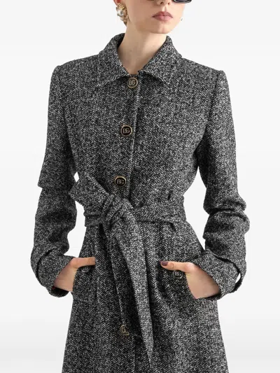 Dolce & Gabbana Herringbone-pattern Belted Single-breasted Coat In Gray