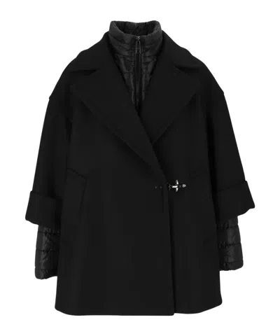 Fay Black Double-breasted Removable Down Lining Wool-blend Cape In Black