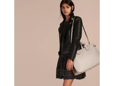 Shop Burberry The Large Banner In Leather And House Check In Light Grey Melange