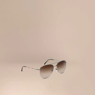 Burberry Aviator Sunglasses With Check Temples In Nickel
