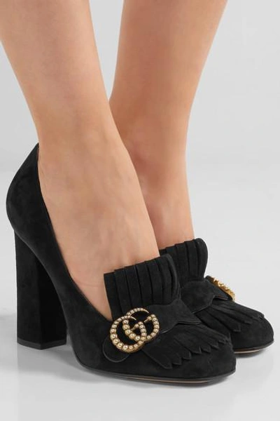 Shop Gucci Marmont Fringed Logo And Faux Pearl-embellished Suede Pumps In Black