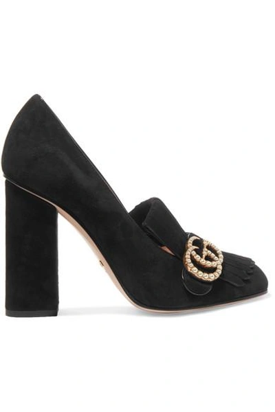 Shop Gucci Marmont Fringed Logo And Faux Pearl-embellished Suede Pumps In Black