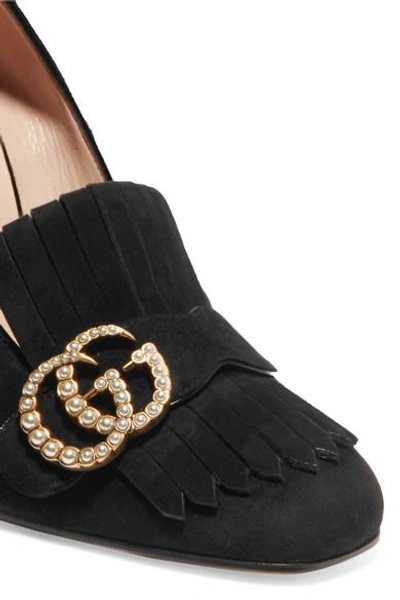 Shop Gucci Marmont Fringed Logo And Faux Pearl-embellished Suede Pumps In Black