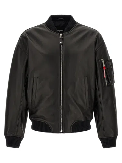 Dsquared2 Leather Jacket Front Pockets Ribbed Cuffs In Black