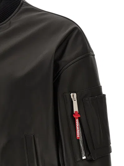 Dsquared2 Leather Jacket Front Pockets Ribbed Cuffs In Black