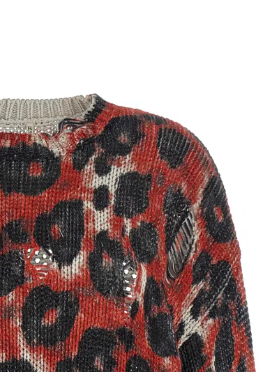 R13 Crew Neck Distressed Knit Long Sleeve Sweater In Brown