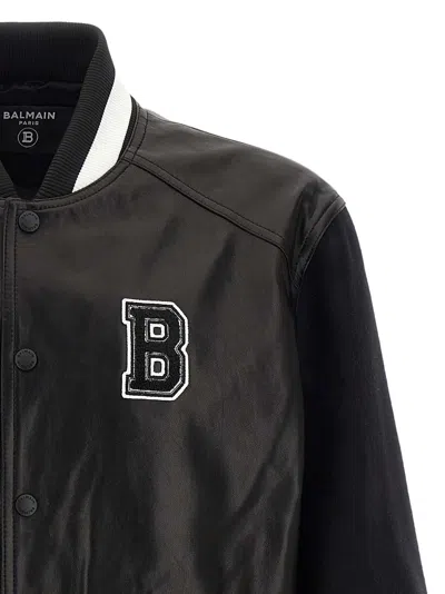 Balmain Varsity Lambskin Leather And Wool Jacket In Black