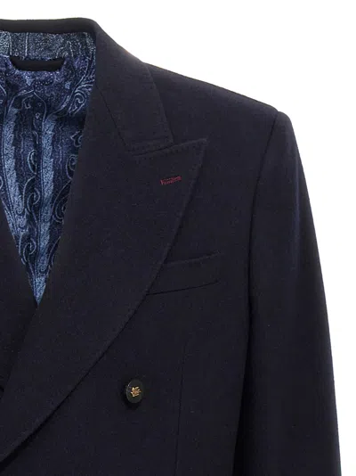 Etro Dark Blue Double Breasted Blazer In Blue