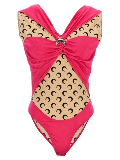 Marine Serre Logo-print Patchwork Bodysuit In Pink