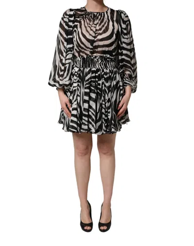 Msgm Black White Zebra Puff Sleeves Mini Dress In Multi