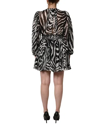 Msgm Black White Zebra Puff Sleeves Mini Dress In Multi