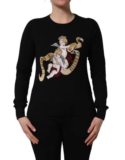 Dolce & Gabbana Black Angels Wool Crew Neck Pullover Sweater In Black