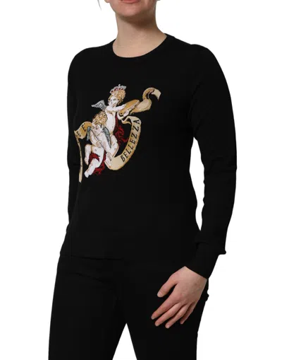 Dolce & Gabbana Black Angels Wool Crew Neck Pullover Sweater In Black
