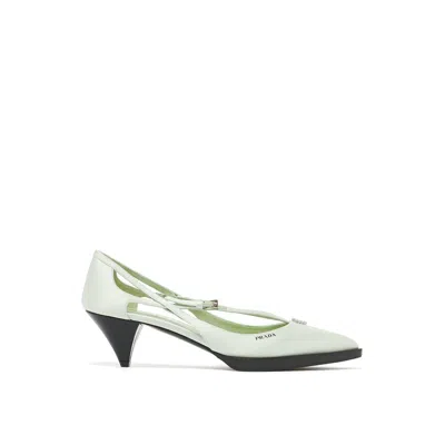 Prada Bicolor Silk Mid Heel Pumps In White