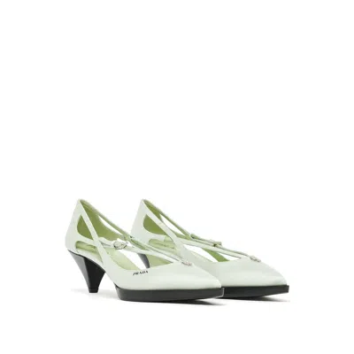Prada Bicolor Silk Mid Heel Pumps In White