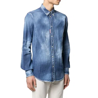 Dsquared2 Man Denim Shirt Blue Size 42 Cotton, Elastane In Blue