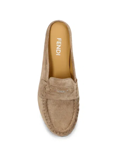 Fendi Suede Slides With Logo In Neutral