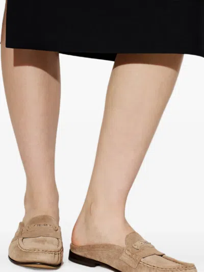 Fendi Suede Slides With Logo In Neutral