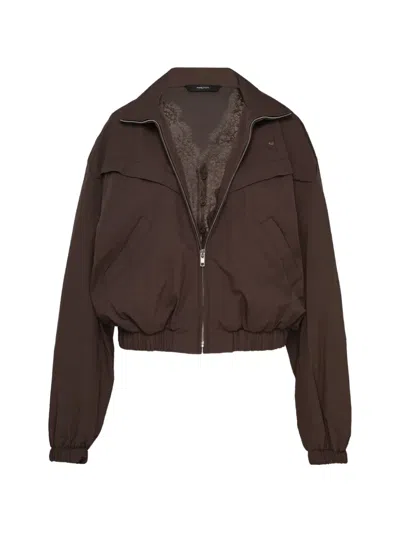 Pushbutton Lace-panelled Bomber Jacket In Brown