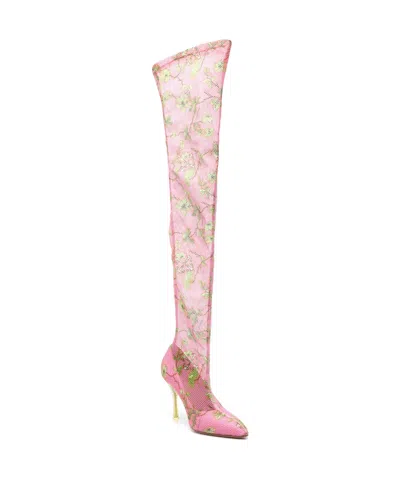 Off-white Crystal Floral Mesh Thigh-high Boots In Pink