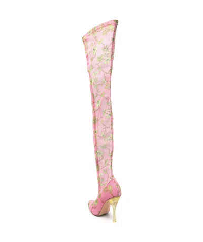 Off-white Crystal Floral Mesh Thigh-high Boots In Pink