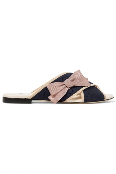 Shop Fendi Bow-embellished Stretch-knit And Leather Slides In Navy