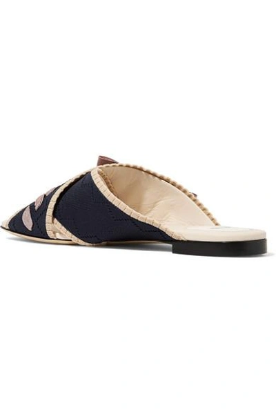 Shop Fendi Bow-embellished Stretch-knit And Leather Slides In Navy