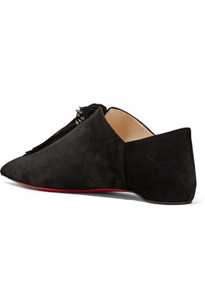 Shop Christian Louboutin Medinana Fringed Suede Collapsible-heel Slippers In Black