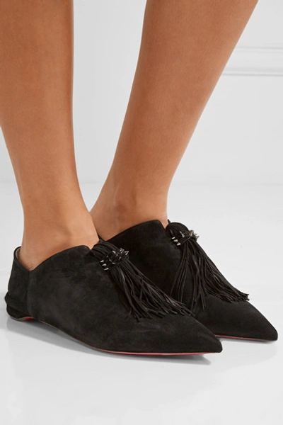 Shop Christian Louboutin Medinana Fringed Suede Collapsible-heel Slippers In Black