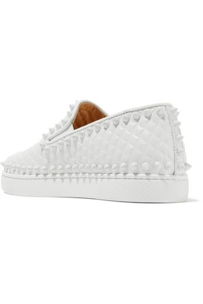 Shop Christian Louboutin Pik Boat Spiked Textured-leather Slip-on Sneakers In White