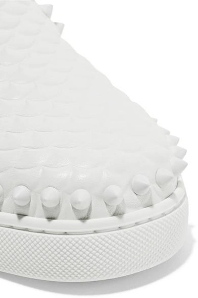 Shop Christian Louboutin Pik Boat Spiked Textured-leather Slip-on Sneakers In White