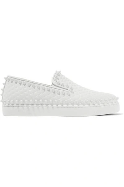 Shop Christian Louboutin Pik Boat Spiked Textured-leather Slip-on Sneakers In White