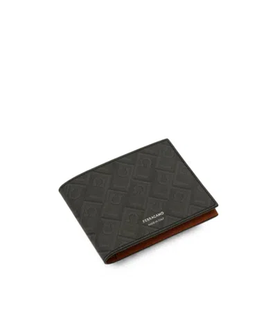 Ferragamo Rectangular Wallet With Textured Monogram And Centered Logo In Black