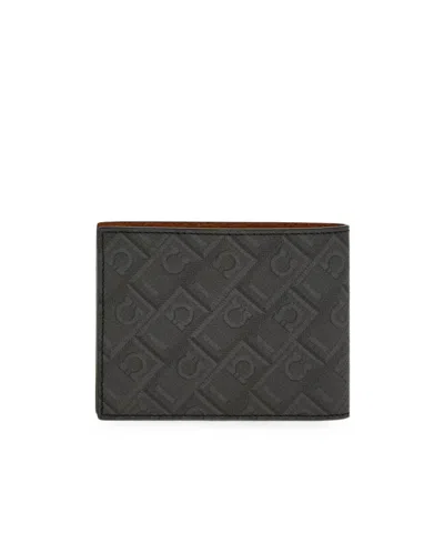 Ferragamo Rectangular Wallet With Textured Monogram And Centered Logo In Black