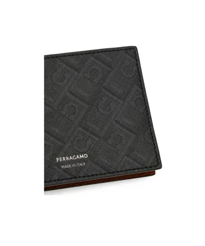 Ferragamo Rectangular Wallet With Textured Monogram And Centered Logo In Black