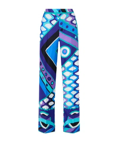 Pucci Printed Silk Pants With Roll-up Cuffs In Blue