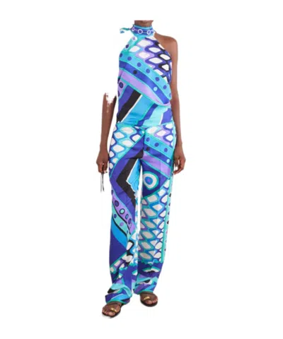 Pucci Printed Silk Pants With Roll-up Cuffs In Blue