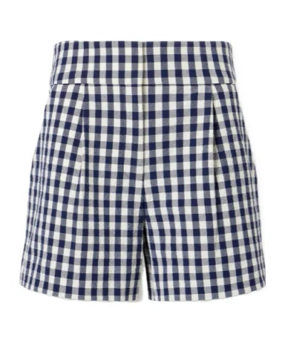 Veronica Beard Gingham-check Pleated Shorts In Blue