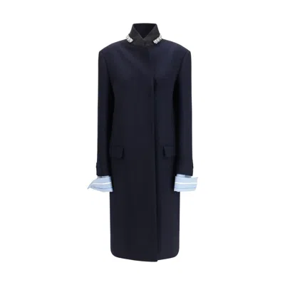 Prada Belted Jacket Embellished Collar Front Pockets In Blue